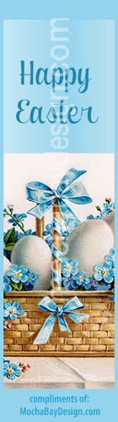 print Easter bookmark: blue violets with ribbons, white eggs in a vintage basket