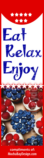 free printable bookmark of 4th of July Cupcakes with text Eat Relax Enjoy