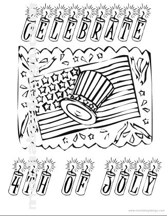 kids coloring page 4th of July celebration Flag, hat and firecrackers