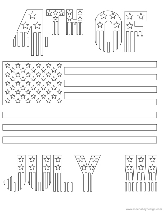 free printable holiday coloring page with Super big USA flag and text 4th of July to color 