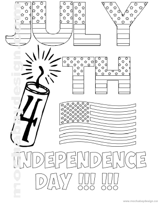 printable kids holiday coloring page July 4th firecracker, a USA wavy flag and color-in text Independence Day 