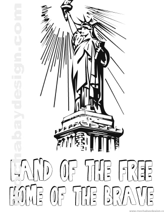 free kids printable coloring page Lady Statue of Liberty with text Land of the Free and Home of the Brave