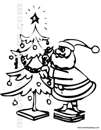 printable Santa decorating Christmas Tree kids coloring page