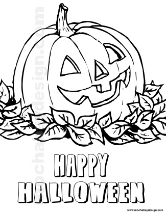 view and print Jolly Pumpkin nestled in Leaves Halloween kids coloring page