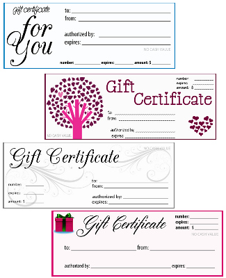 four different printable Gift Certificates available