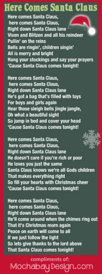 Here Comes Santa Claus free printable Christmas holiday song lyrics